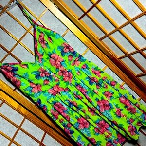 Hollister L large dress lime green pink hibiscus floral blue sleeveless chiffon